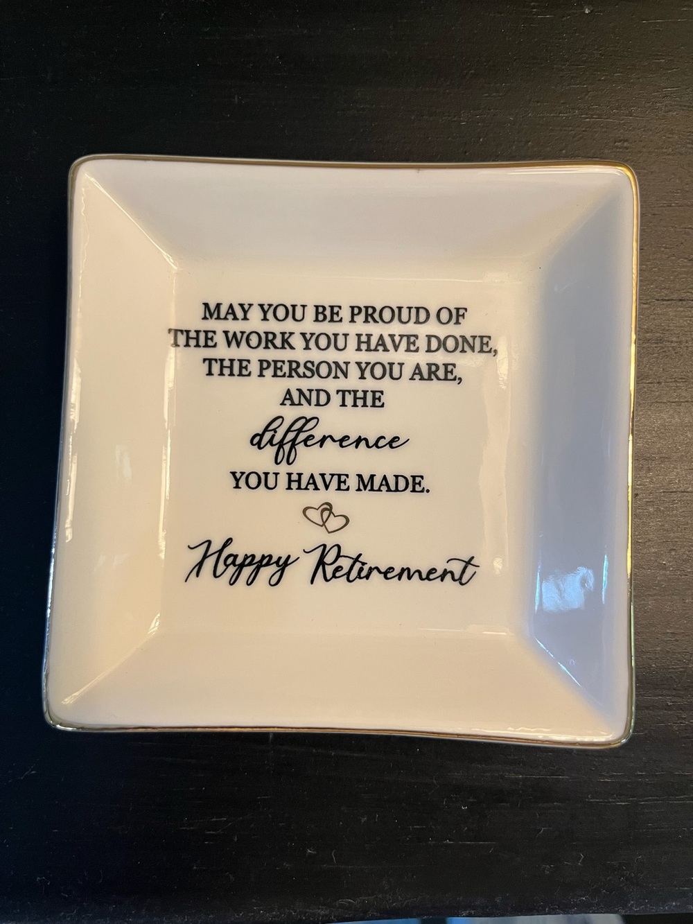 Retirement Gift Small Ceramic Dish Keepsake Trinket Plate 4"x4" Black White Gold